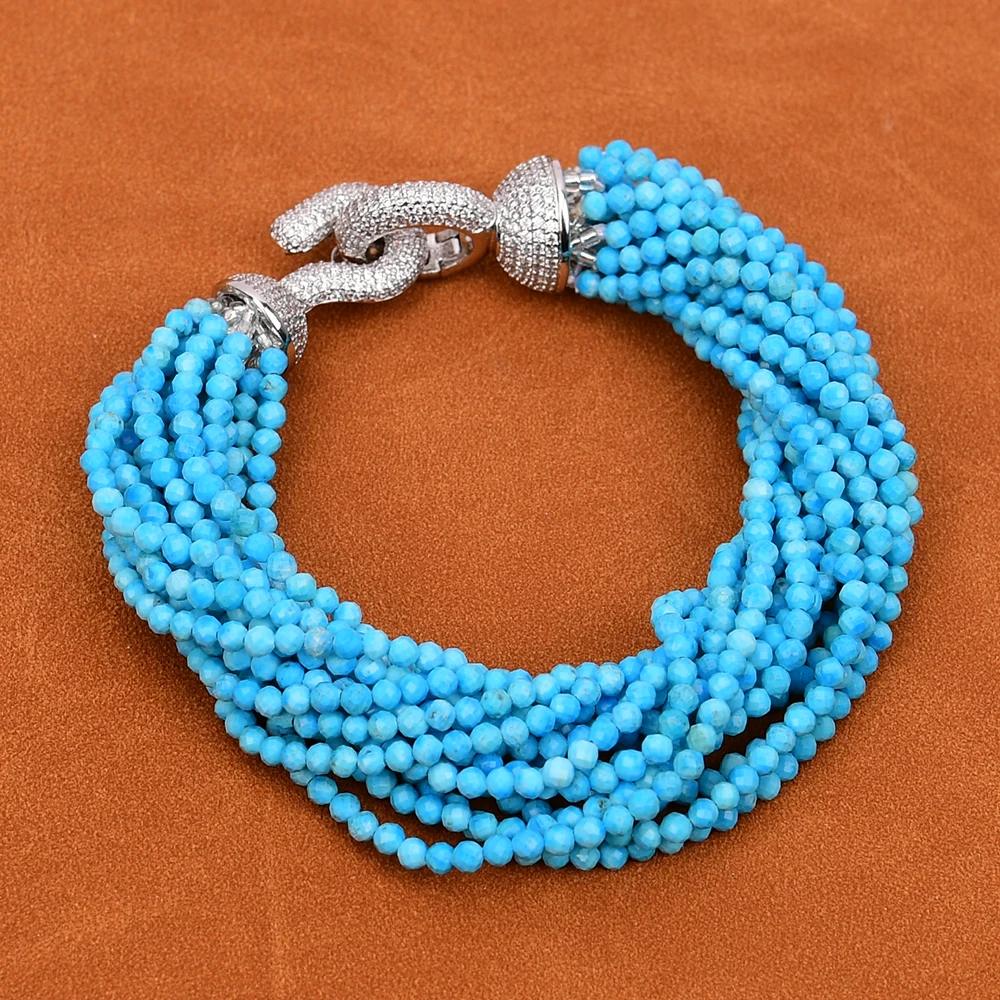 

GG 8.5" 14 Rows Natural Blue Turquoise Faceted Round Stone Beads Bracelet Multi Strands Jewelry Gifts For Women