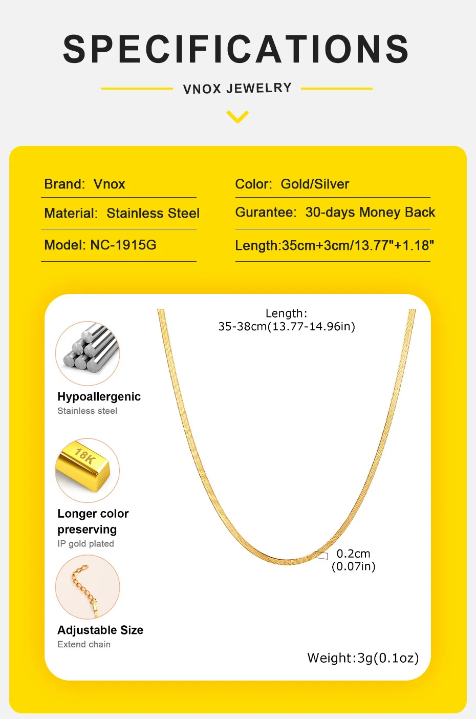Vnox 35 cm-40 cm Halsband-Halsketten für Mädchen, verstellbare flache Schlangenkette aus Edelstahl, Fischgräten-Links-Kragen, Geschenk für Tochter – Detail 5