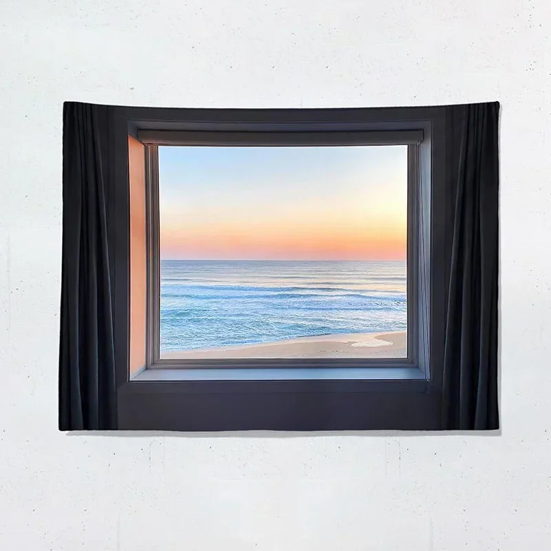 Tapiz de decoración del hogar para colgar en la pared con vista al mar, fondo de ventana, Bouguer Fresh, tapiz para dormitorio, decoración de mesita de noche