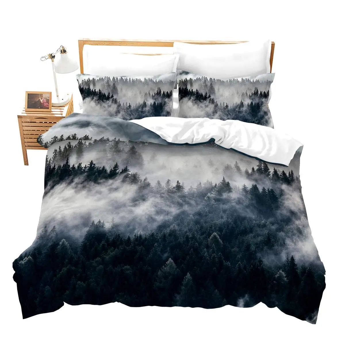 Mountain Bedding Set Forest Duvet Cover Queen/King Size,Nature Scene Grey  Trees Art Folk Style 2/3pcs Polyester Comforter Cover