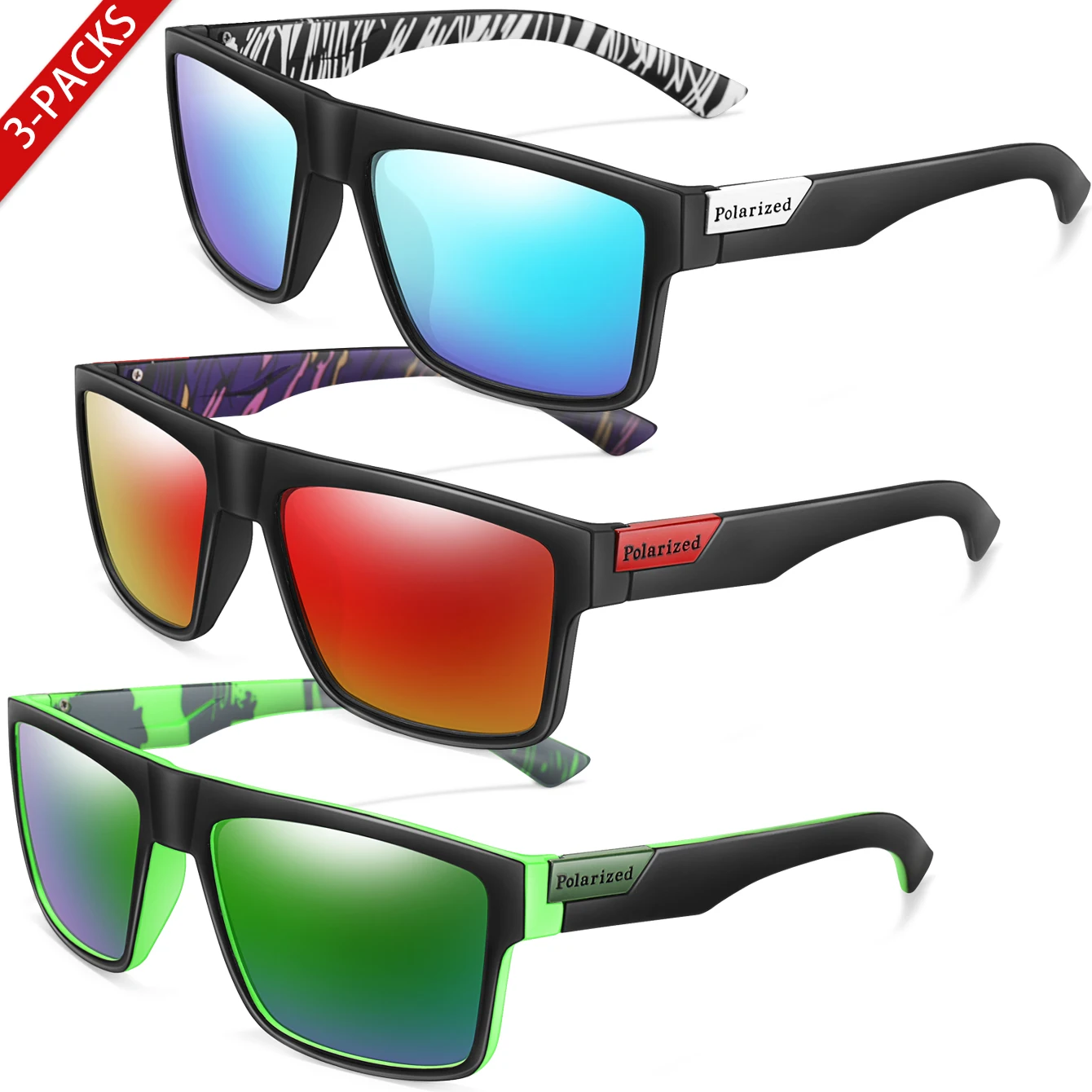 3쌍의 편광 선글라스 클래식 사각형 선글라스 남성과 여성을 위한 자외선 차단 낚시, 자전거 타기 및 운전에 이상적