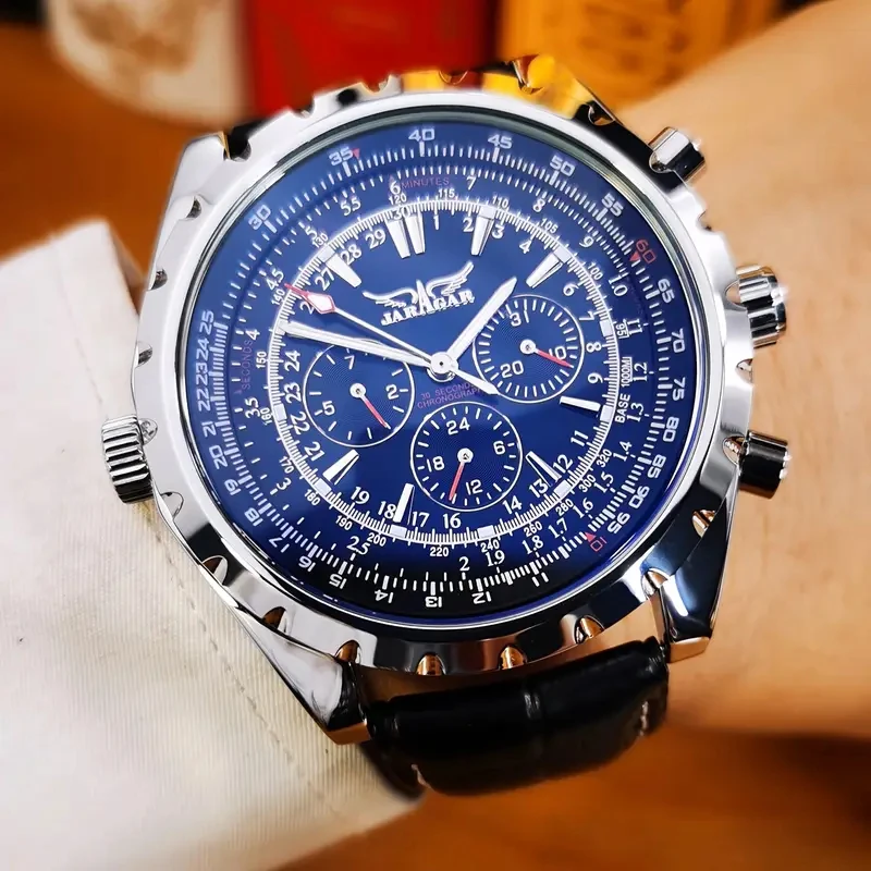 Men's Premium Pilot Timepiece – Automatic Movement with 24-Hour Display and Sophisticated Faux Leather Strap – Ideal for Business or Casual Attire