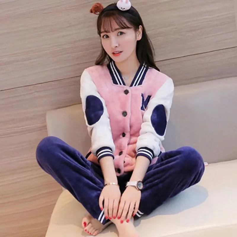 2024 New Winter Pajama Female Korean Version Loungewear Coral Velvet Padded Warm Flannel Homewear Loose Two-piece Sleepwear Suit