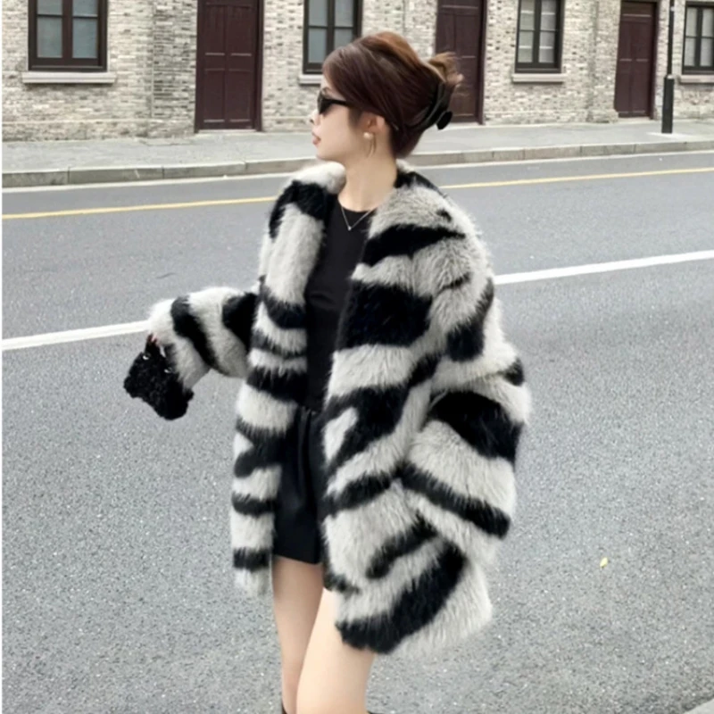 Winter Vintage Thick Warm Faux Fur Coat Women Fluffy Jacket Zebra Print Fur Coat Plus Size Korean Fashion Cardigan Outerwear Top