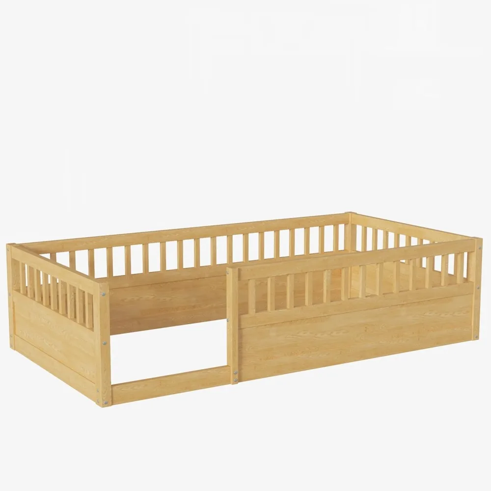 Twin Size Montessori Bed with Fence Toddler Floor Bed Frame with High Rails For Children Bedroom Toddlers Boys Girls ROOMTEC