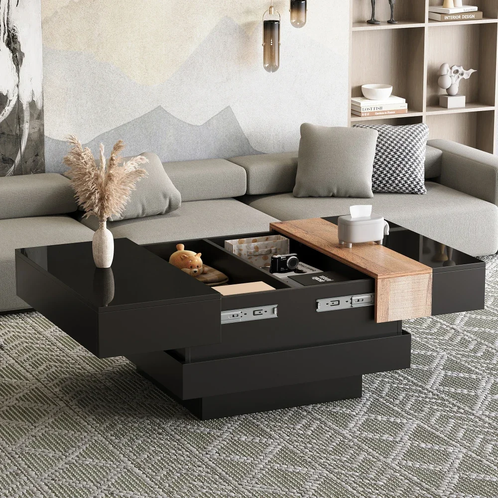 Moderner, hochglänzender, quadratischer Couchtisch, 70 x 70 x 39 cm, ausziehbares Design mit versteckter Stauraum, Farbblock-Wohnzimmer-Beistelltisch – Detail 6