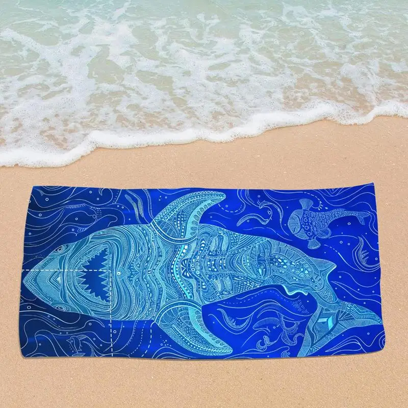 

Портативные пляжные полотенца из микрофибры, пляжный рюкзак, полотенца для кемпинга с принтом акулы, складывается в сумку, 2 в 1, песостойкое полотенце для плавания