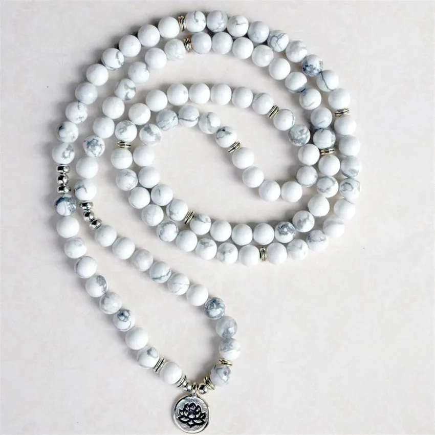 8mm Howlite Stone 108 Beads Lotus Pendant Necklace Men's Japa Wear Bohemian Trendy Charm Mala