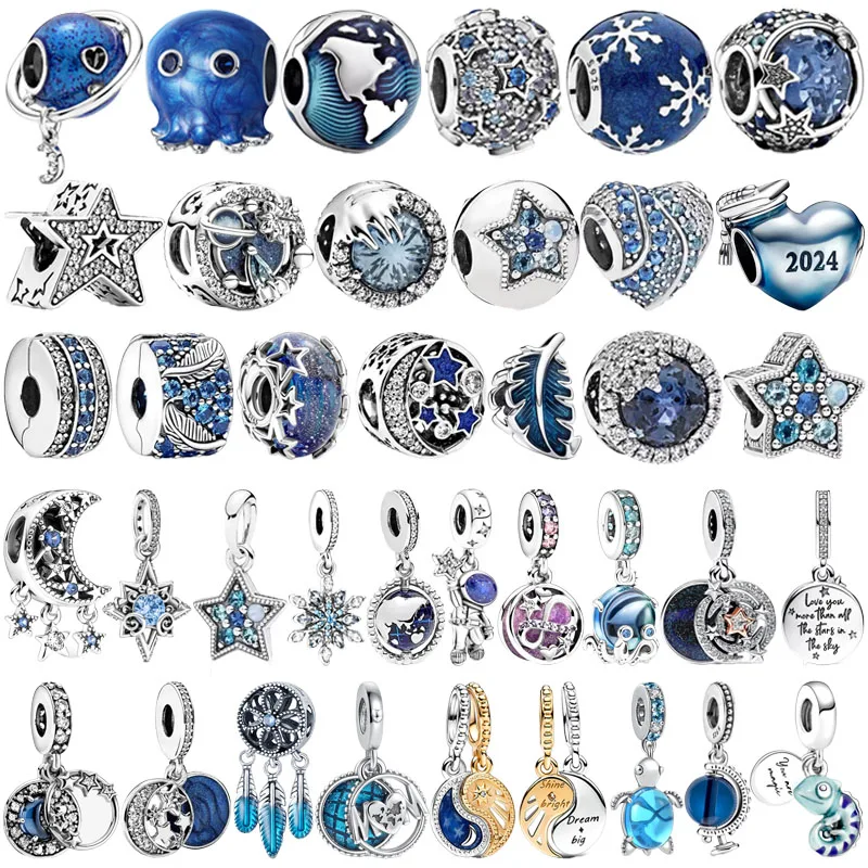 

11Blue Charm 925 Sterling Silver Astronaut Galaxy Star Earth Bead Fit Original Pandora Bracelet Necklace DIY Jewelry For Women