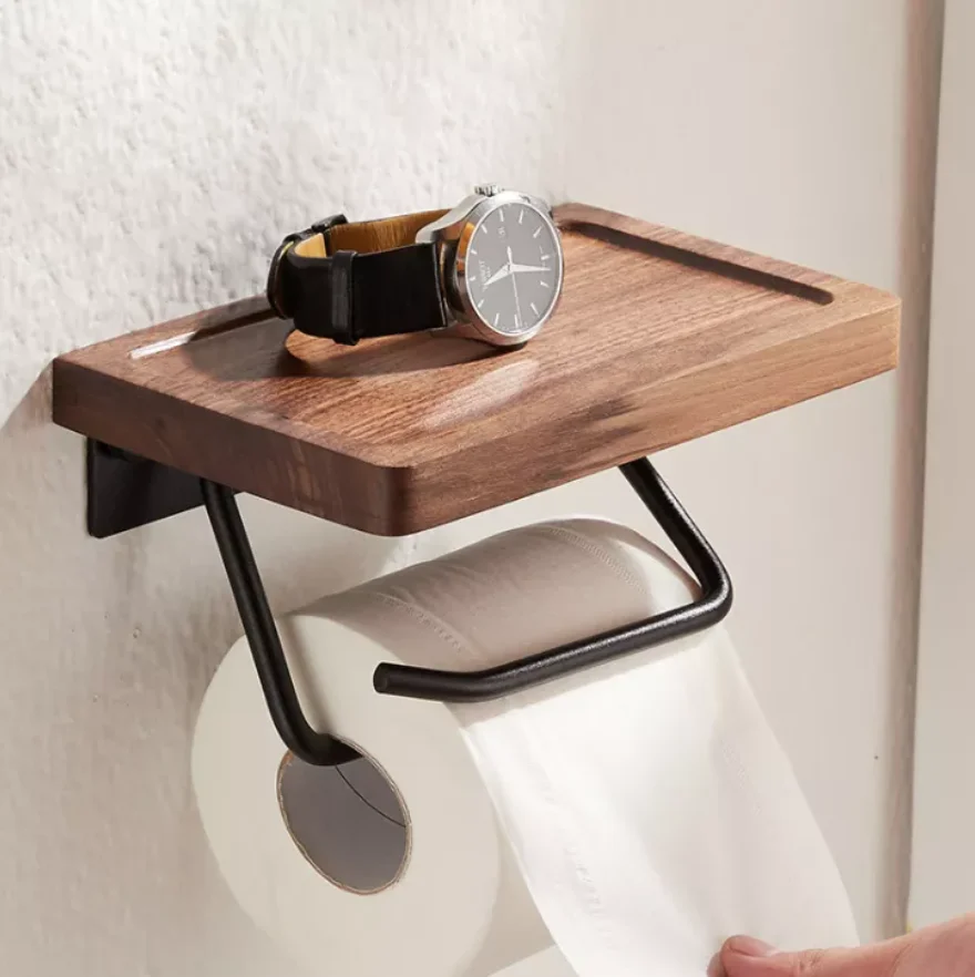 Paper Towel Rack Toilet Roll Rack Black Walnut Creative Solid Wood Bathroom Hook