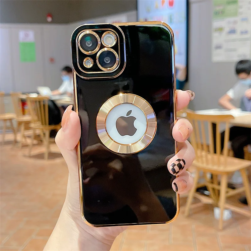 Funda de teléfono galvanizada suave de lujo para iPhone 11, 12, 13, 14, 15 Pro Max, XS, X, XR, 7, 8 Plus, Mini funda de silicona hueca