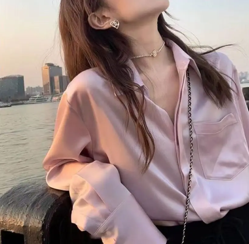여성용 빈티지 얼룩 블라우스, 긴팔 단추 다운 실키 셔츠, 오피스 레이디 상의, 한국 여성 블라우스, 여성 의류, 가을 셔츠