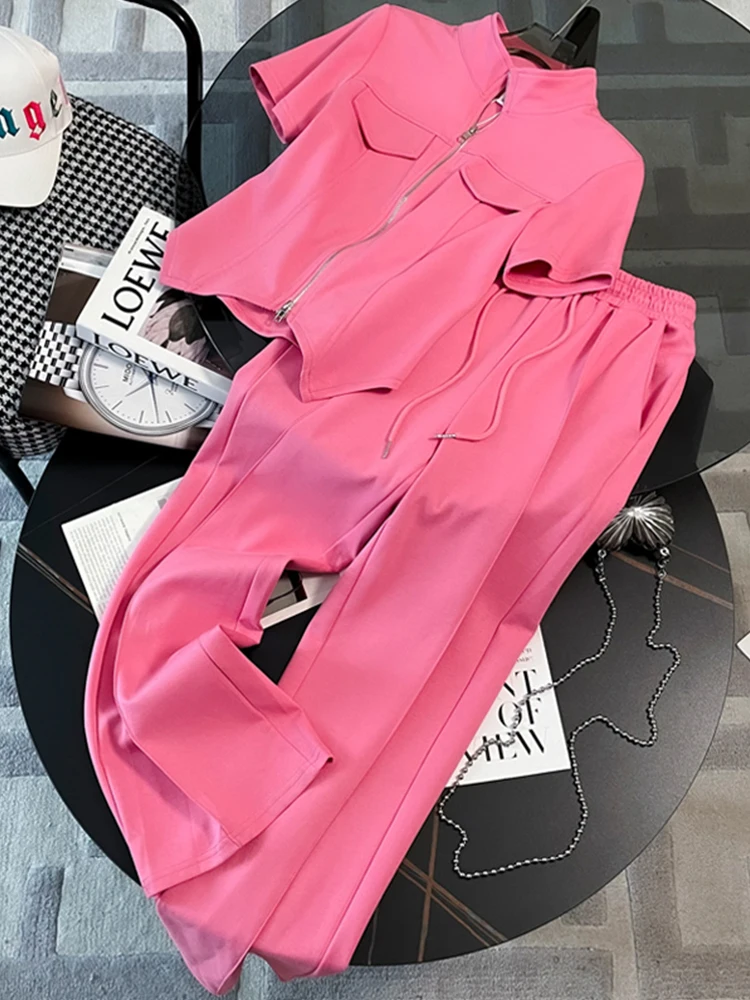 

Fashion Pink Trousers Two Piece Set For Women 2023 Summer Short Sleeved Zipper Tops+Elastic Waist Casual Pants Sports Black Suit