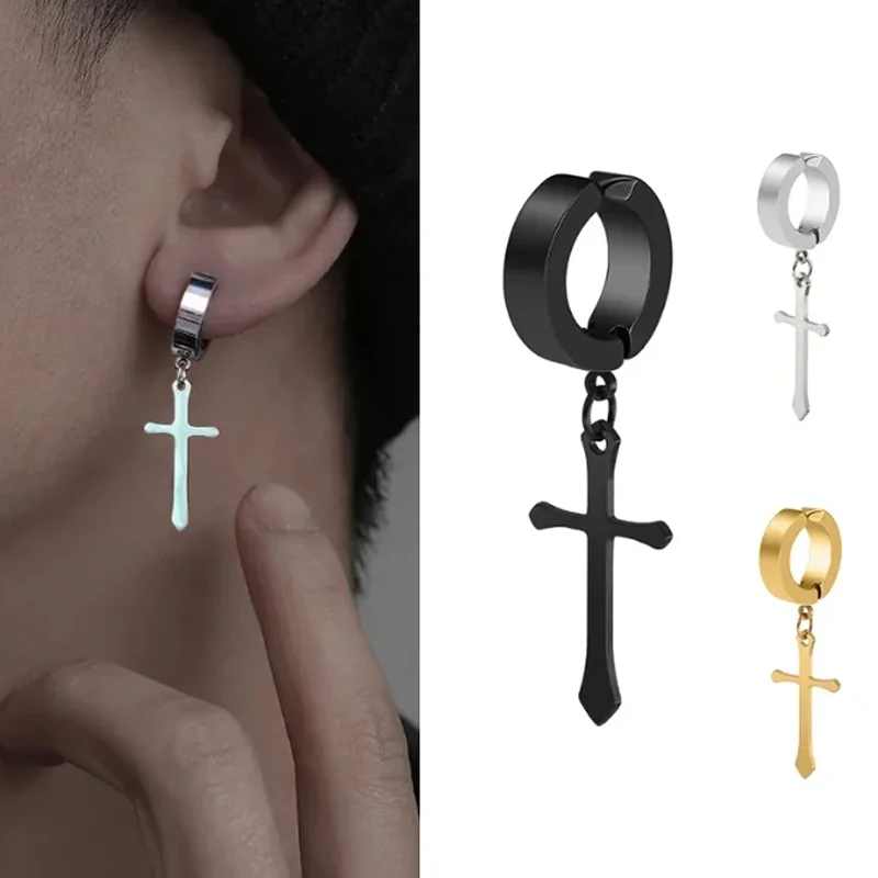 Stainless Steel Clip On Earrings 2 Pcs For Women Men Black Gold Color Cross Gothic Punk Rock Drop Pendiente Non Piercing Jewelry ear clip earrings clip earrings ear clip