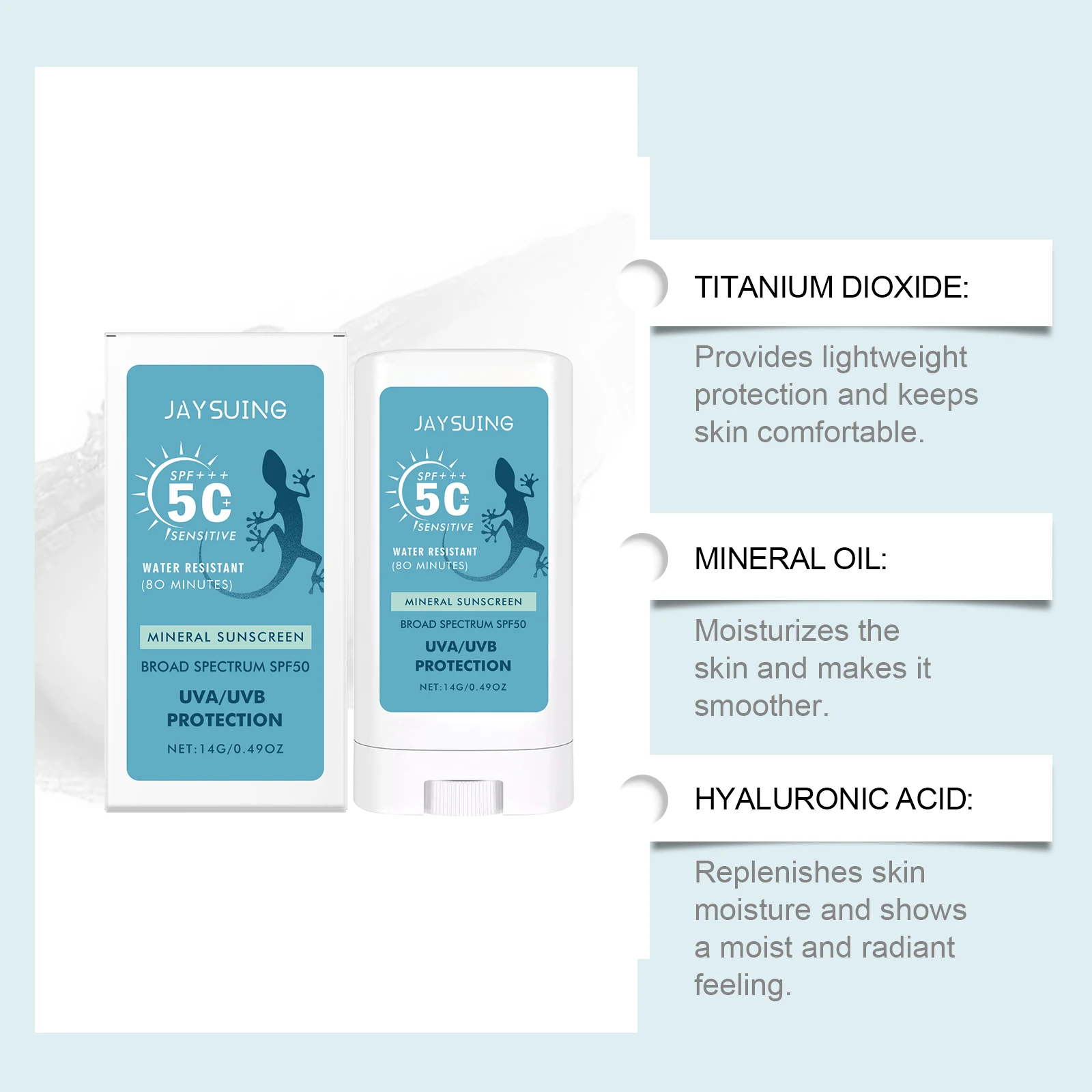 Sunscreen Stick SPF 50+ Hyaluronic Acid Broad Spectrum UV Protection Water-Resistant Refreshing Face Body Travel Sunblock Cream