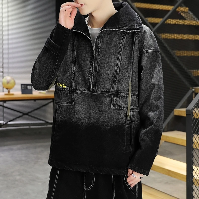 

Casual Jeans Men's Hooded Half Zip Denim Jackets 2023 Spring Autumn Fashion Coats Youth Hip Hop Streetwear Slim Tops Clothing