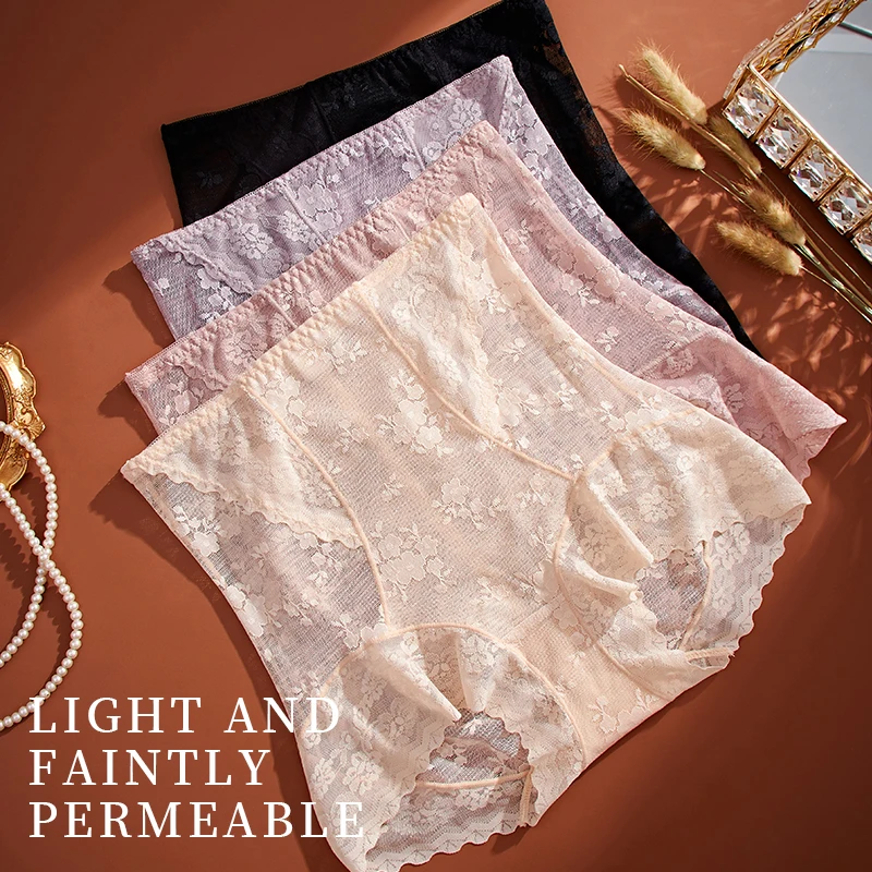 4Pcs Lace Sexy Underwear Women's Panties High Waist Pantys Ladies Briefs Solid Comfort Female Underpants Lingerie M-XL