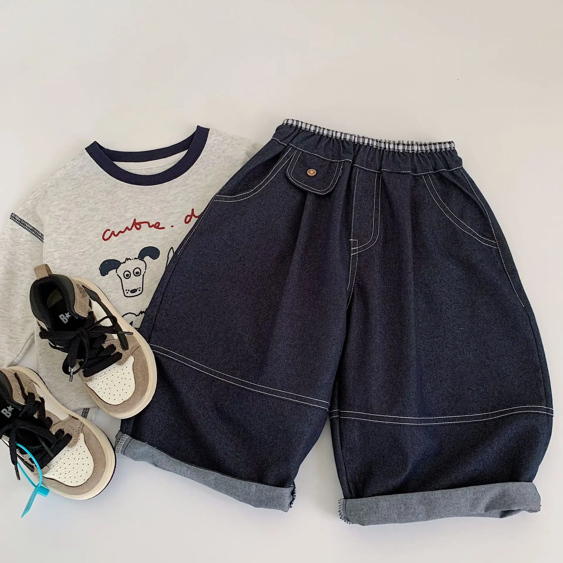 Frühling Herbst Kinder Jeans 2-10Y Jungen Patchwork Topstitch Denim Hosen Gerade Hosen Koreanische Kleinkind Böden Kinder Kleidung – Detail 1