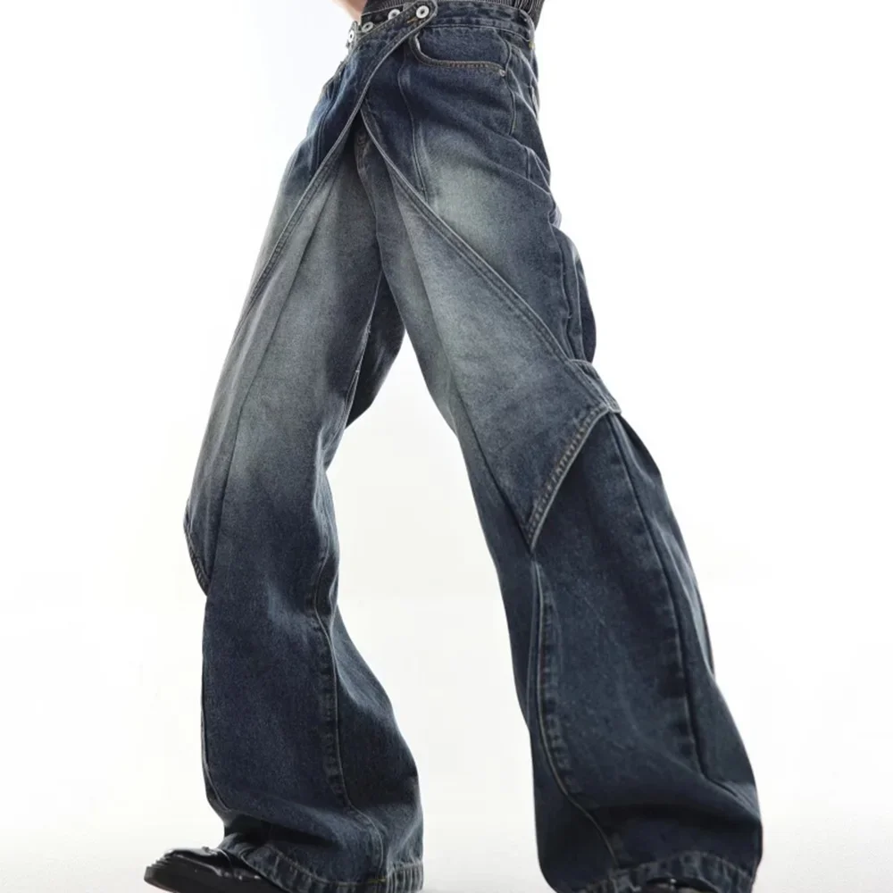 Mens Casual Deconstructed Jeans Washed Patchwork Jeans Staggered Design Flared Wide-leg Pants Men's Clothing 2024 Summer New