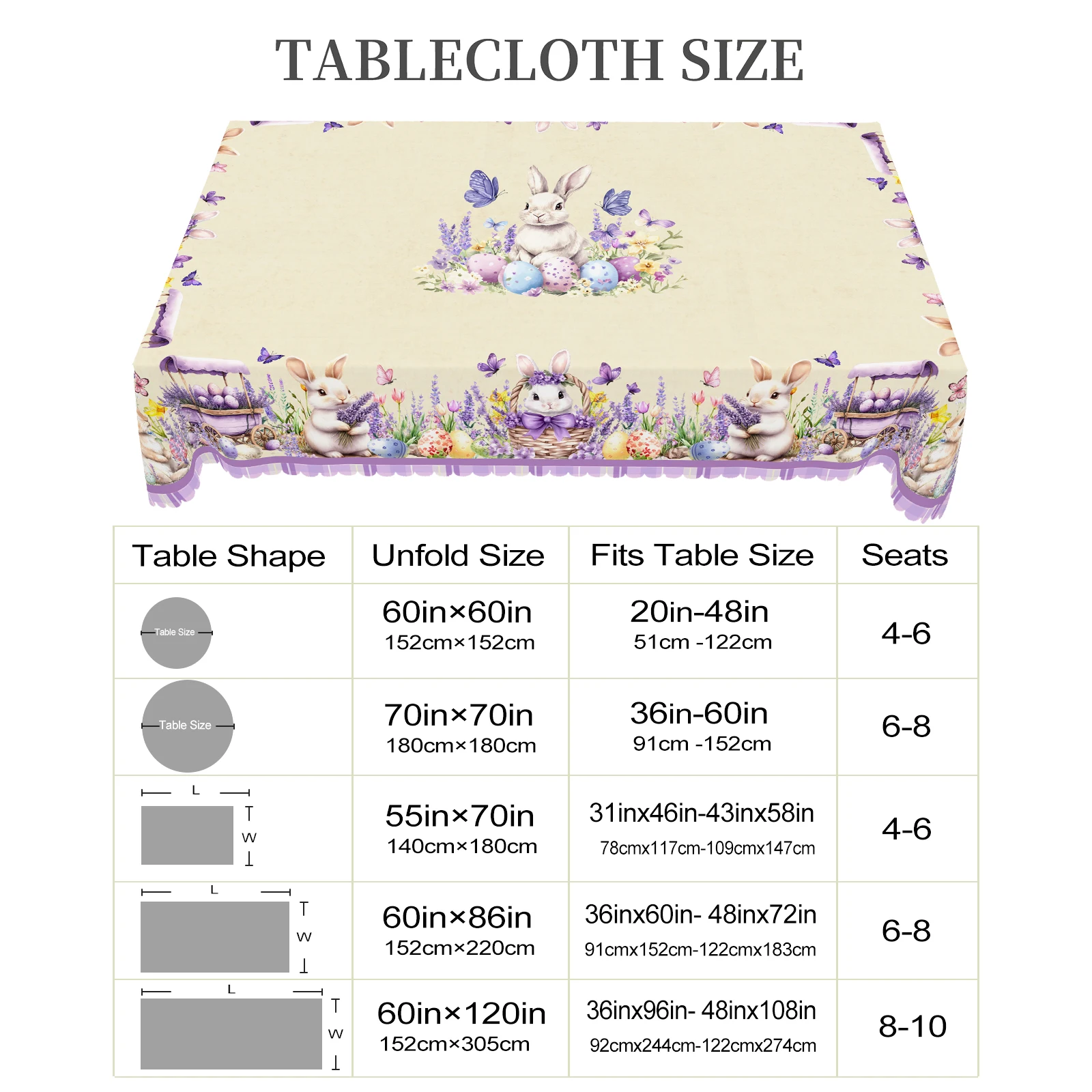 1 Piece Easter Round Decorative Tablecloth Table, 5 Sizes Available, Easter Bunny Egg Lavender Plaid Printed Tablecloth, Edge Embossing Process, Spring Garden Tablecloth Decoration, Tablecloth for Daily Home Kitchen, Terrace Use, Easter Decoration 6