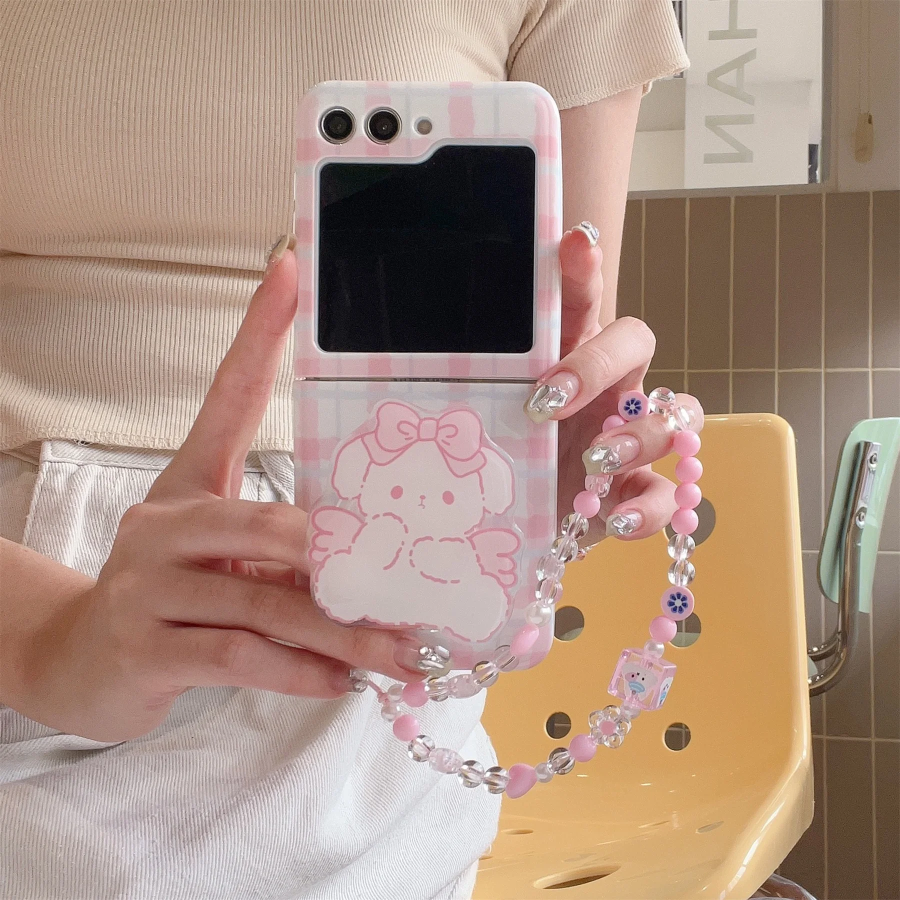 スマホアクセサリー rabbit_xxx Kawaii Lattice Rabbit Bracket Bow Love Heart Chain Case for