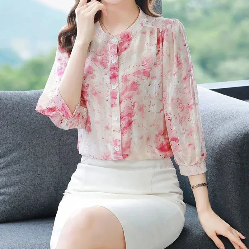 

Summer Flower Chiffon Shirt Women's Short Sleeve New Loose Round Neck Top Fashion Casual Elegant Button Female Clothing