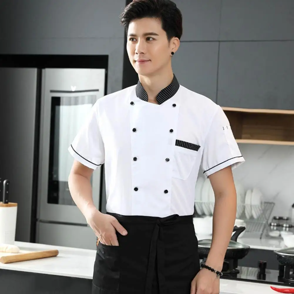 Stand Collar Short Sleeve Double Breasted Patch Pocket Chef Uniform Women Men Service Bakery Breathable Chef Shirt Work Clothing