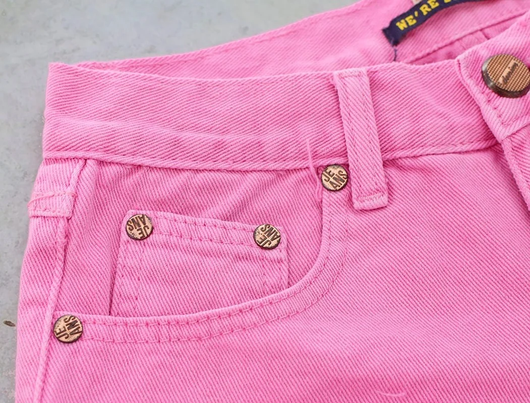 Women Low-waist Decadent Style Loose No Elastic Rolled Denim Shorts Open Pockets Beach Macaron Powder Short Jeans Female 2021
