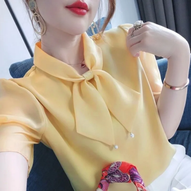 여성용 한국 출퇴근 스카프 칼라 활 비즈 반팔 쉬폰 셔츠, 루즈 패션 블라우스, 단색, 여름 신상