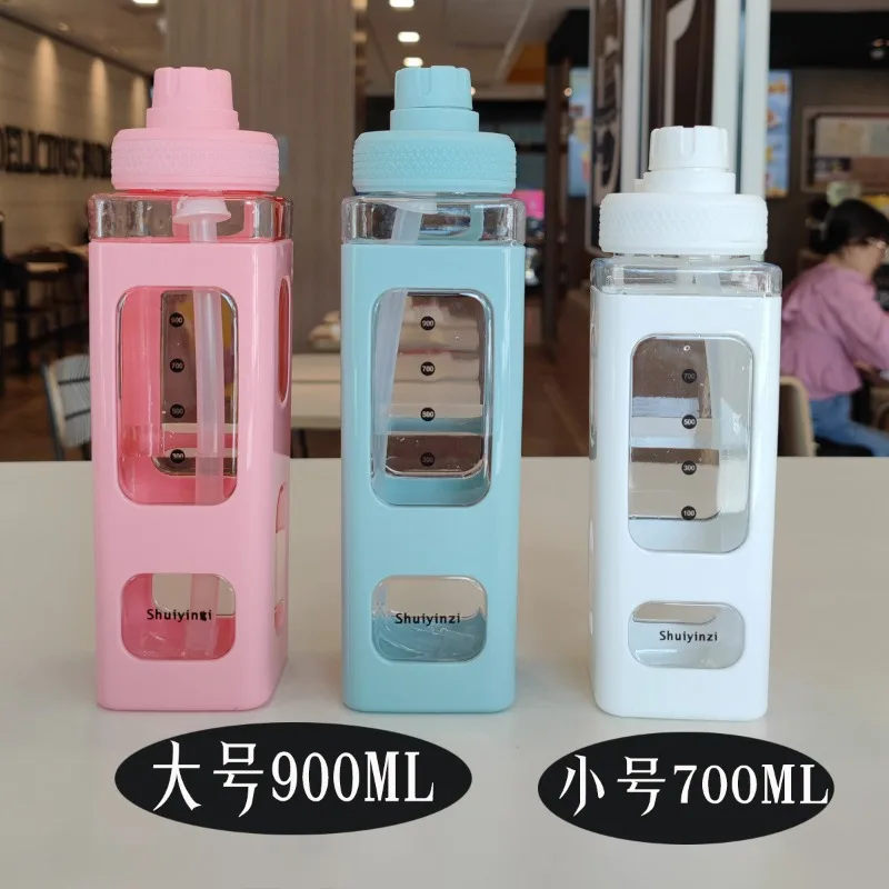 

Square Straw Plastic Sports Water Bottle High Appearance Horizontal Square Cup Double-layer Convenient Handle Kettle