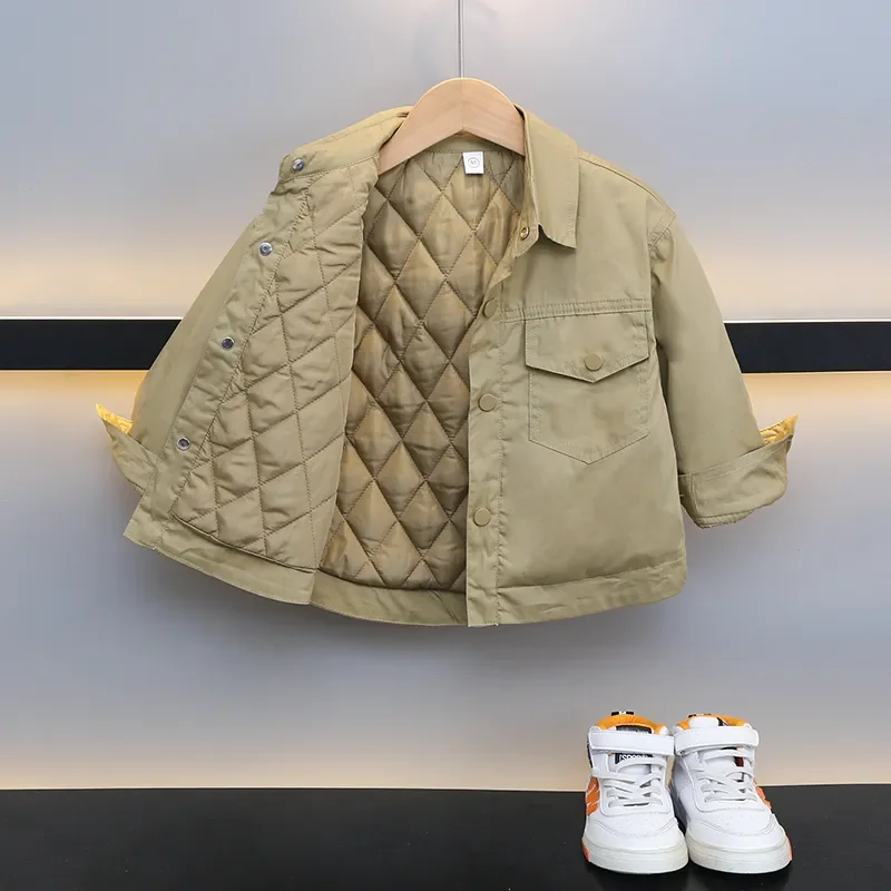 

New 2023 Winter Baby Boys Jackets Warm Cotton Shirts Back Print Design Handsome Toddlers Kids Padded Cotton Light Thin Warm Coat