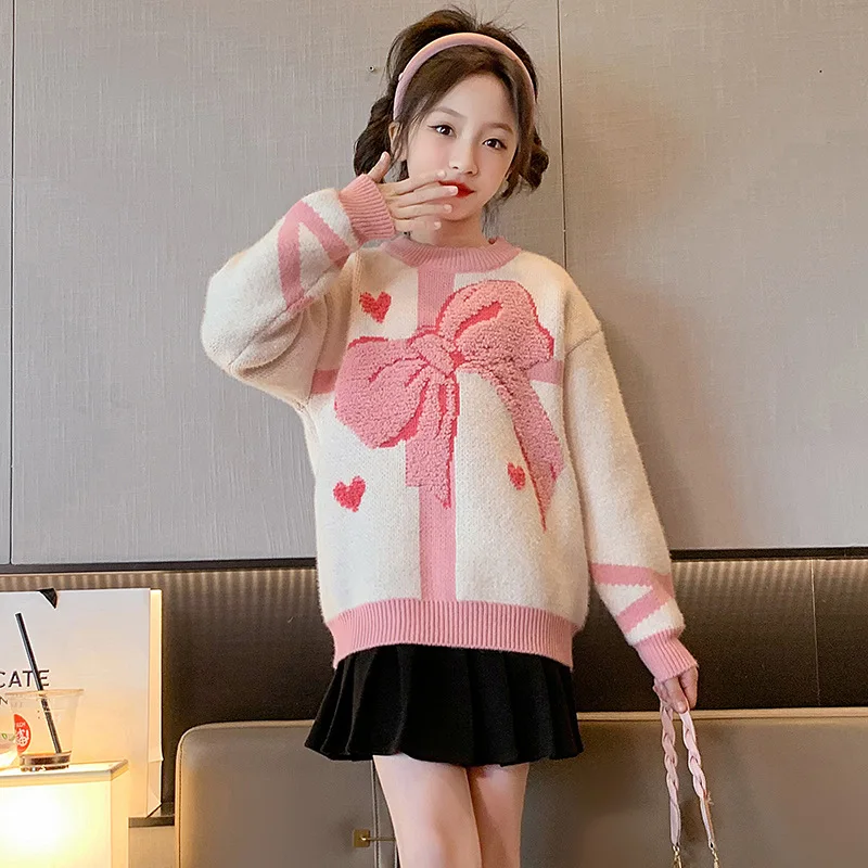 

New Kids Sweater Top for Girls Knitwear Korean Thick Top Autumn Winter Casual Soft Pullover Children Big Bow Clothes 8 10 12 14Y