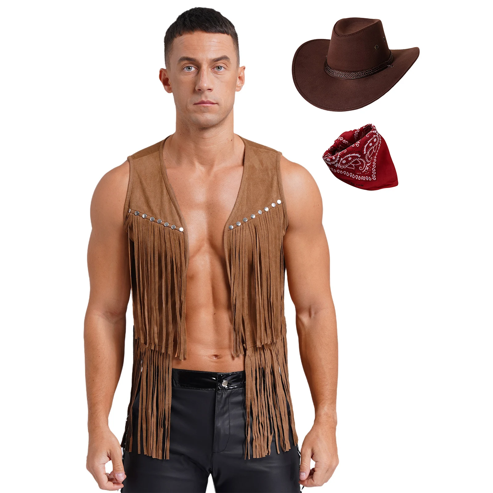 thumbnail image 1 of Conjunto de disfraz de vaquero occidental para hombre, para fiesta de Halloween, con remaches de borlas de gamuza sintética, chaleco steampunk con sombrero y pañuelo, 1 of 4