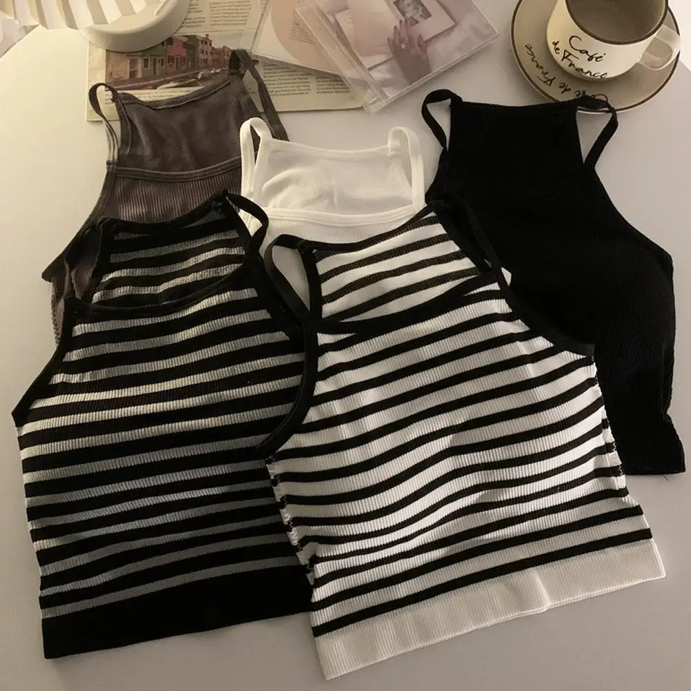 

Women's Striped Undershirt With Bra Pads Korean Version Tank Tops Thread Casual Fashion Crop Top Sleeveless Wear Basic Camisole