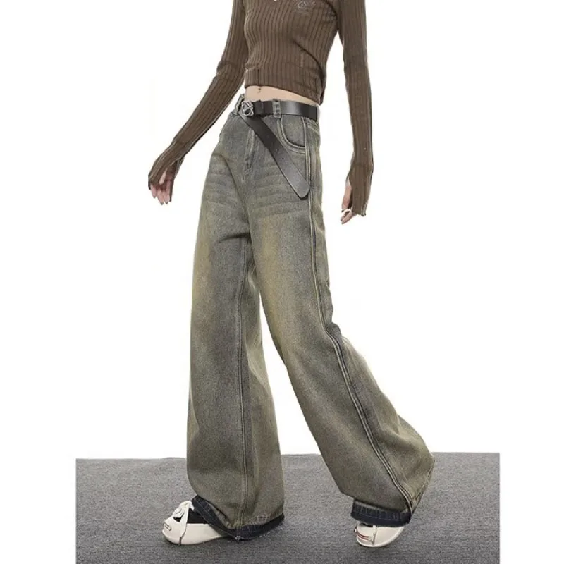 

Винтажные джинсы с широкими штанинами в американском стиле, Новинка осени 2023, модные брюки с завышенной талией, женские эстетические джинсовые брюки в пол