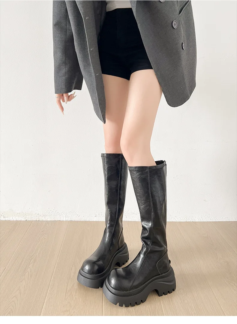 Women's Knee-high Leather Riding Boots With Round Toe And Thick Sole_voghion.com