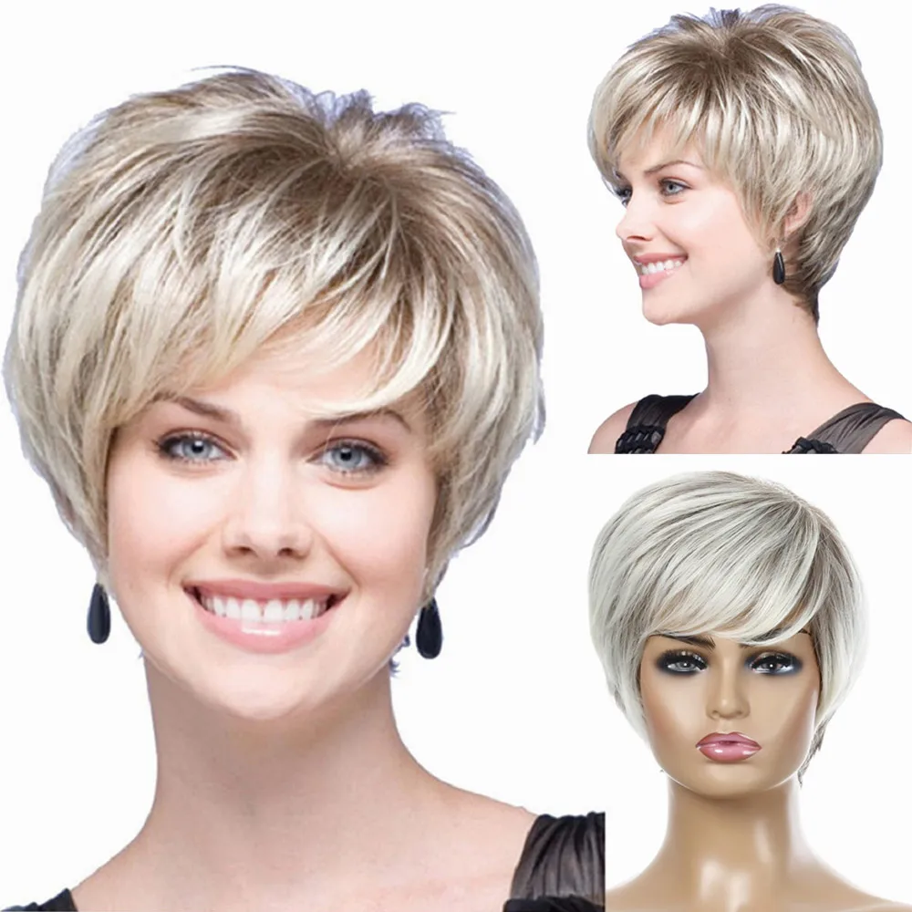 Short Wig Synthetic Hair Chemical Fiber Fashion Women's Light Blonde Mix Brown Daily Wear Party Cosplay Straight Hair Head Cover