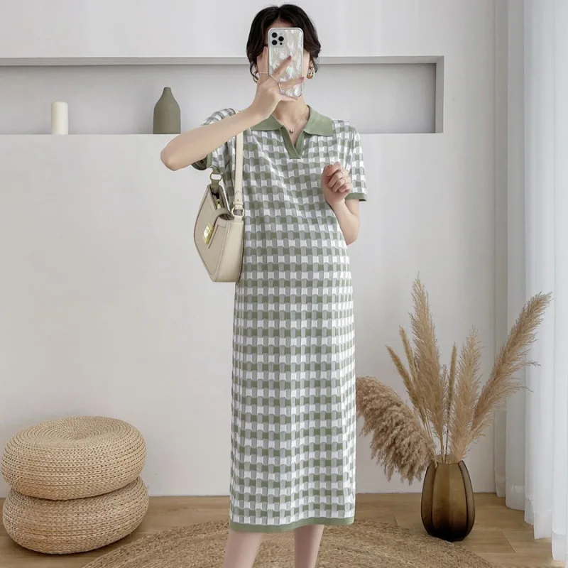 

Maternity Plaid Dress Mid-length Over-the-knee Long Skirt Summer Ice Silk Knitted Skirt Summer POLO Maternity Clothes