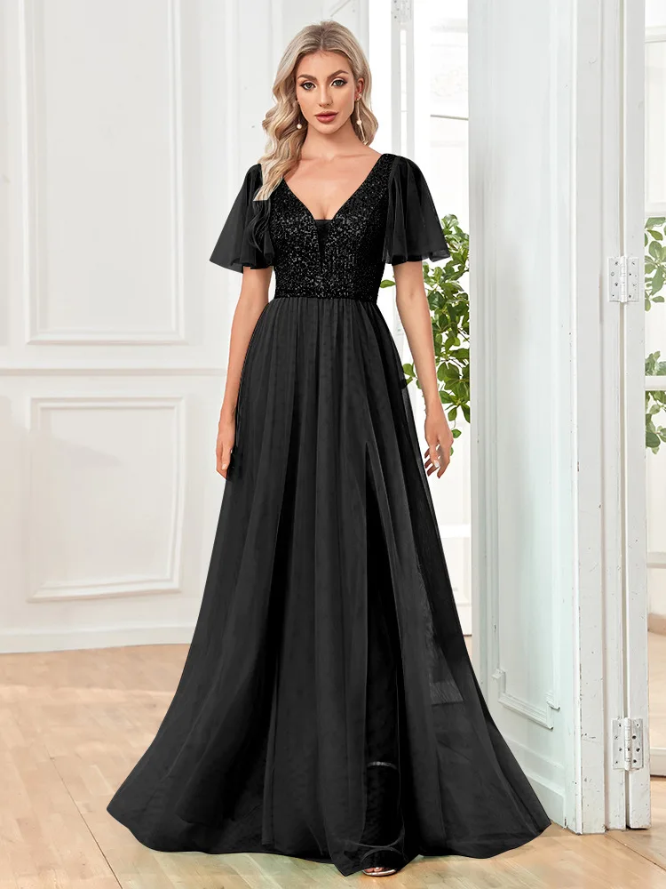 

Elegant Tulle Wedding Bridesmaid Dress Women Sequins Formal Occasion Dresses Lady Swing Maxi Evening Party Gowns Chic Prom Dress