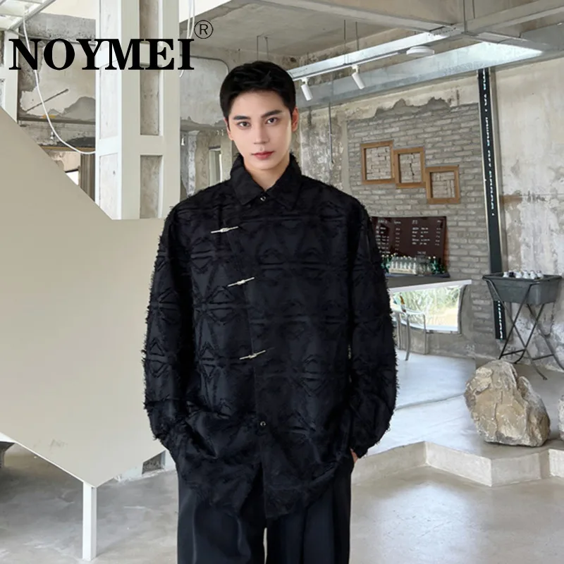 

NOYMEI 2024 Autumn Niche New Chinese Style Long Sleeved Shirt Raw Edges Men's Handmade Metal Buckle Shirt Black Male Top WA2999