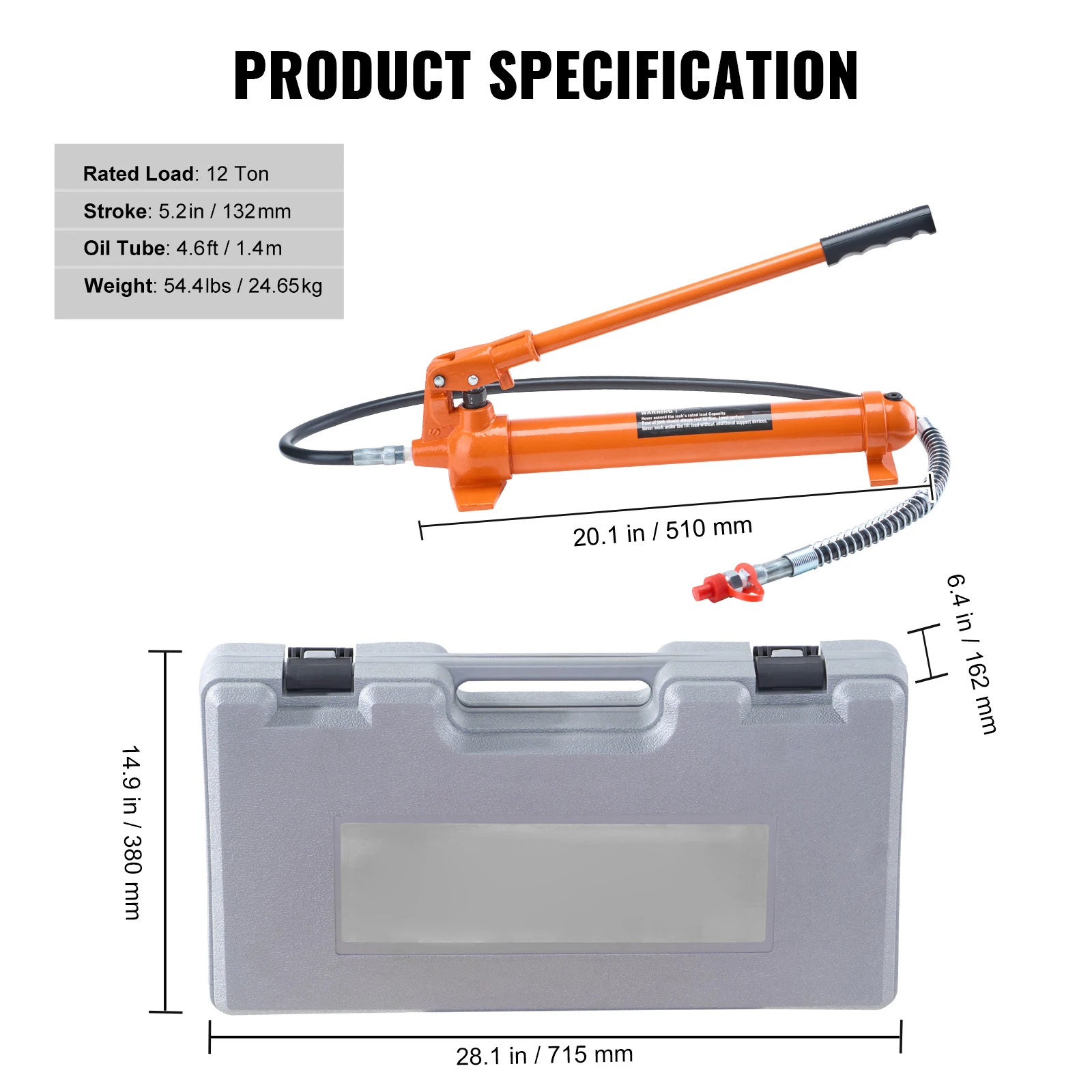 SucceBuy 10/12T Porta Power Kit Portable Hydraulic Jack with 4.6 ft/1.4 m Oil Hose Auto Body Frame Repair Kit with Storage Case — Color: 12T