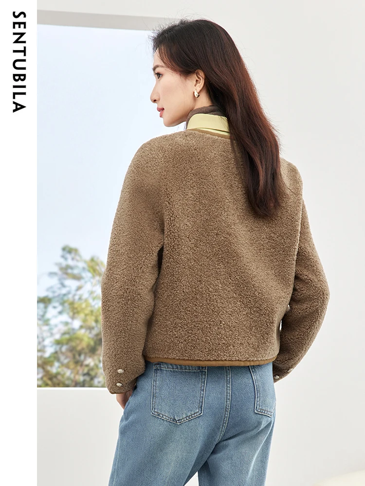 SENTUBILA Fur Integrated Fashion Coat for Women 2023 Autumn Winter Round Neck Faux Fur Coat Double Breasted Crop Top W34P50138