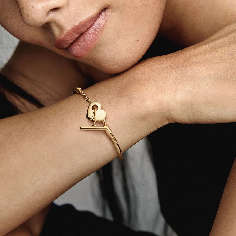New Women's 100% 925 Silver Heart T-shaped Buckle Snake Bone Chain Bracelet DIY Jewelry Gift Fashion Light Luxury