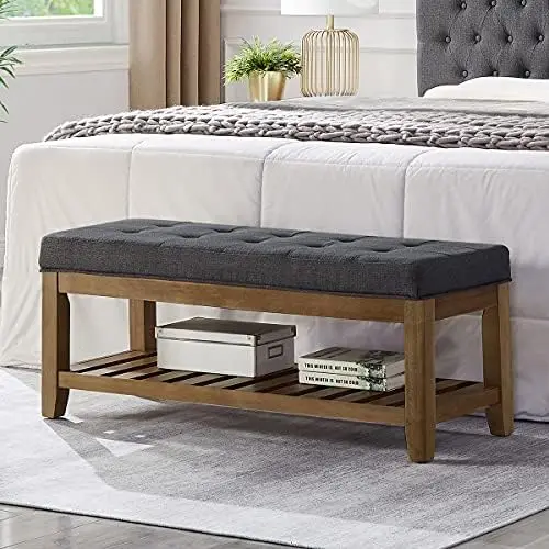 

Rectangular Upholstered Tufted Linen Fabric Ottoman Bench, Padded Bench with Solid Wood Shelf-Granite Telescoping stool Wiggle s