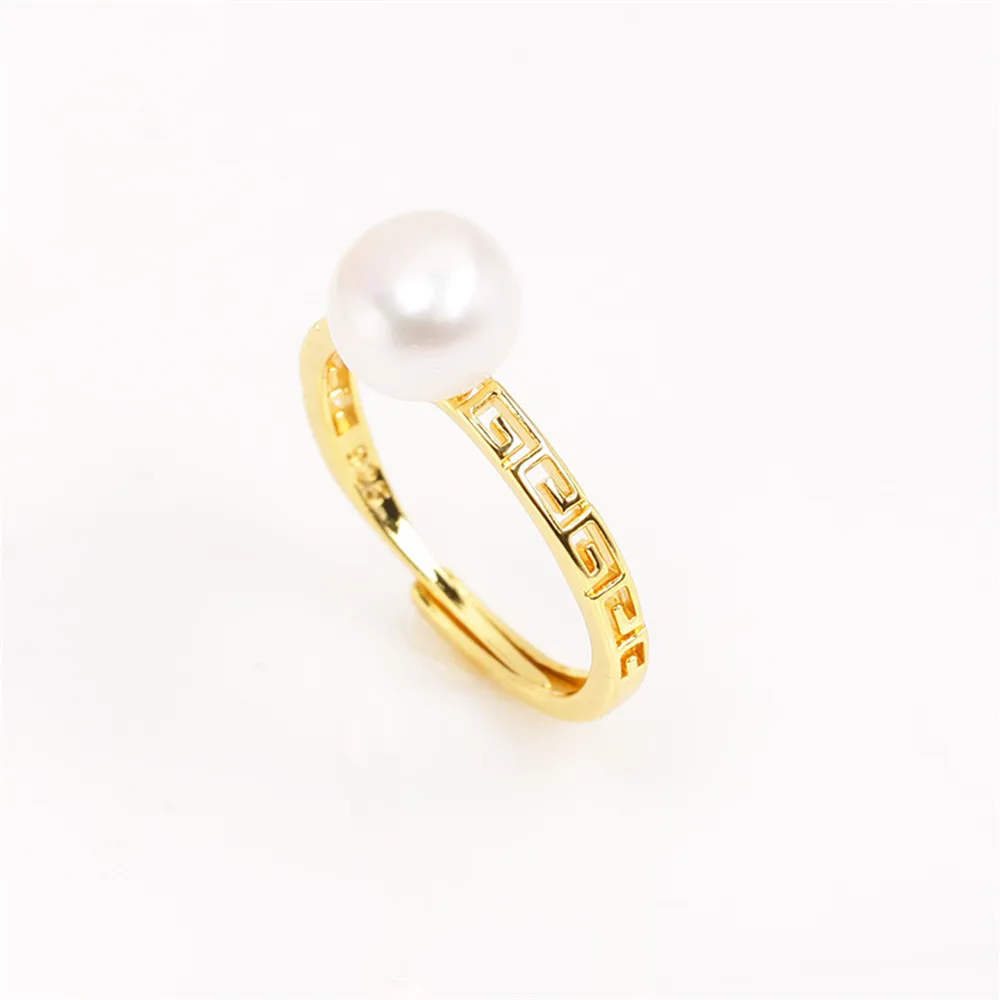 

14k Gold Empty Holder Plated with Genuine Gold Simple and Hollow Out Pearl Ring Opening DIY Accessory Temperament