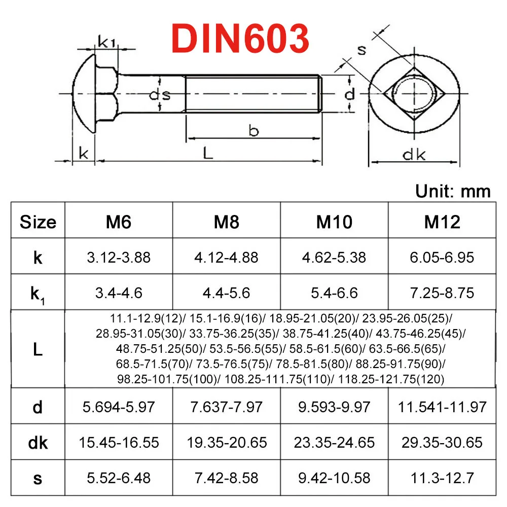 Stainless Steel Screws M6 M8 M10 M12 DIN603 304 Truss Round Head Square Neck Carriage Screw Coach Bolt