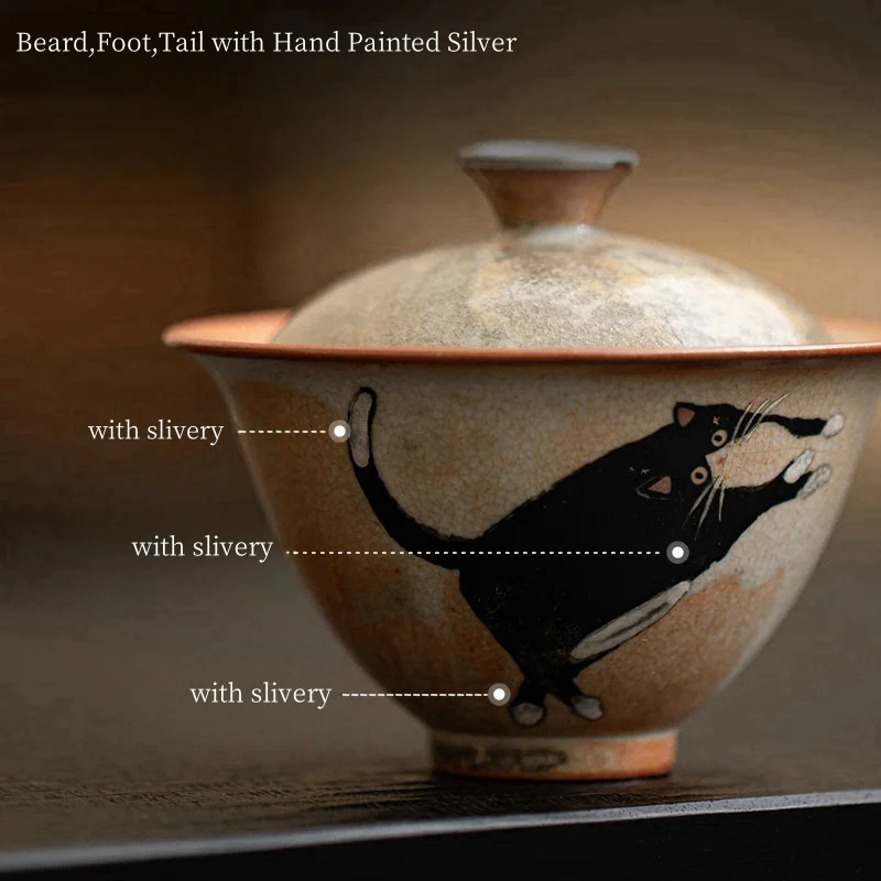130ml Vintage Cute Zhi Ye Cat Porcelain Gaiwan Set For Tea Tureen Teaware Cup Chinese Yellow Bowls Chawan Tea Ceremony Set