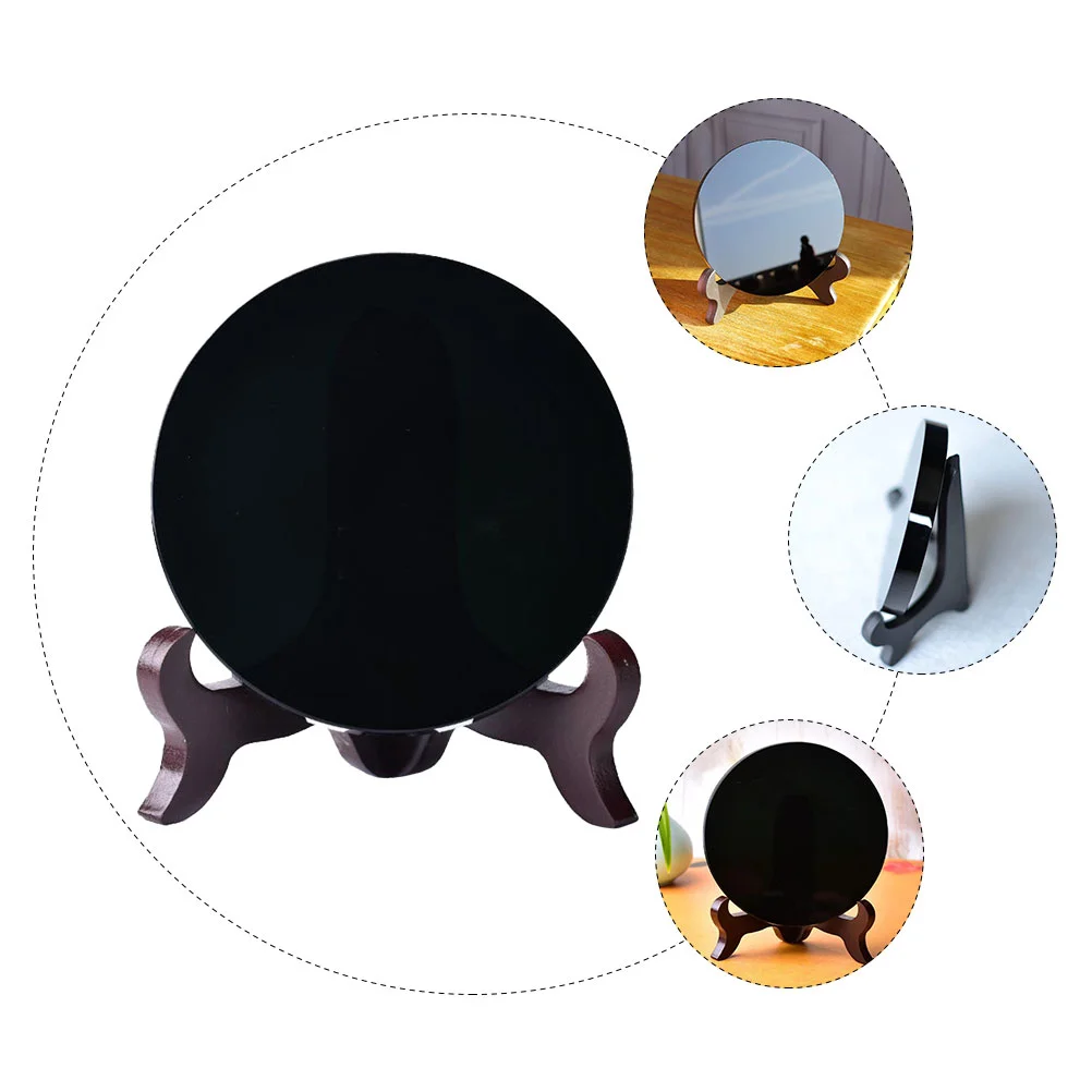 

High Quality Natural Black Obsidian Scrying Mirror Healing Crystals Stone Round Plate Witchcraft Mirror Crystal Decor With Shelf