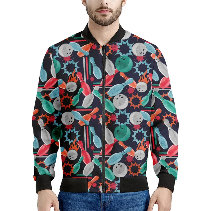thumbnail image 1 of Chaquetas con estampado 3D de bolos para hombre, sudadera holgada deportiva de moda para primavera y otoño, chaqueta bomber informal con cremallera para la calle, 1 of 5