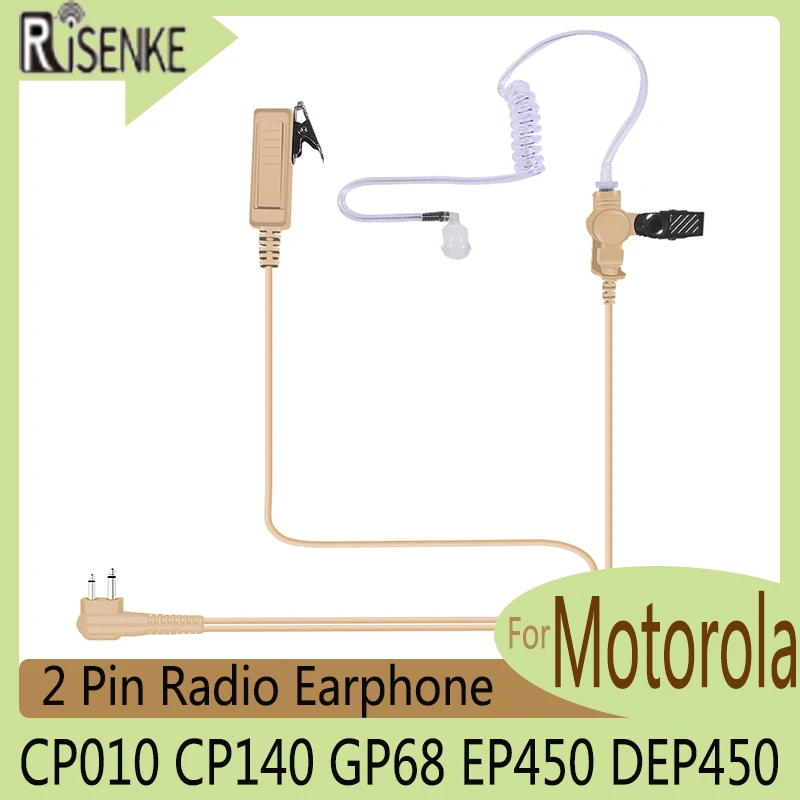 RISENKE-2-Pin Earpiece for Motorola, CP010, CP140, GP68,EP450,DEP450,Radio Walkie Talkie, Acoustic PTT Headset, Beige Skin Color